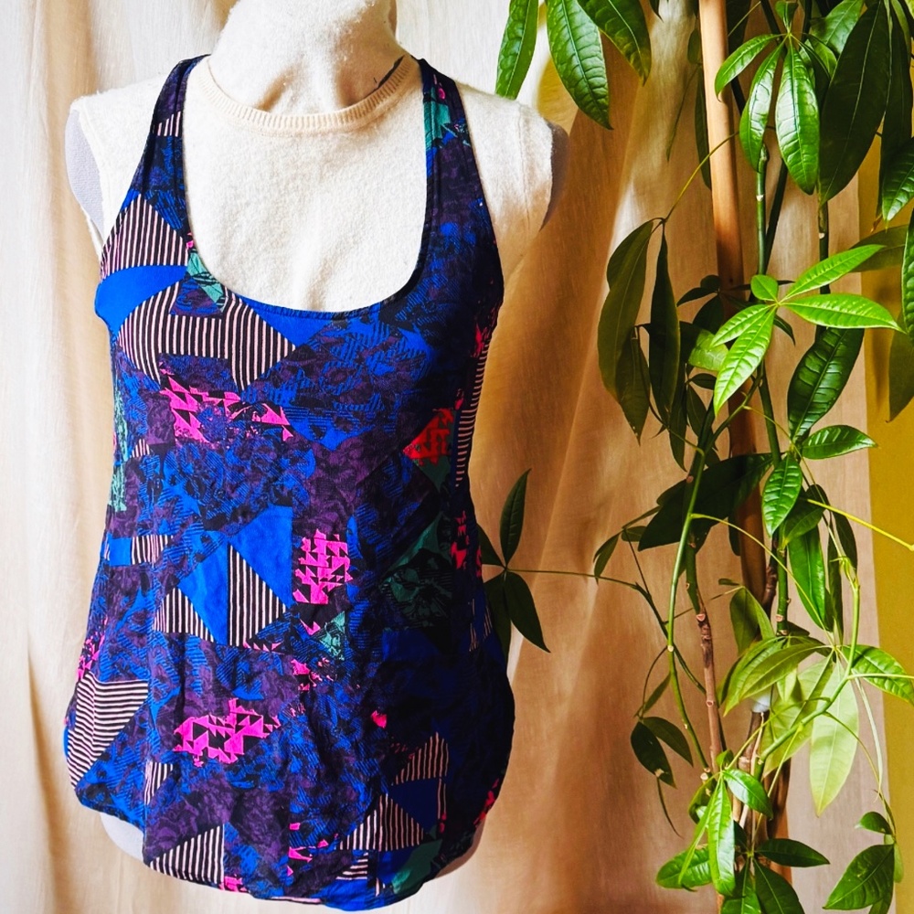 100% Silk Tank The Odells Sz XS Abstract geometric pink blue Anthropologie